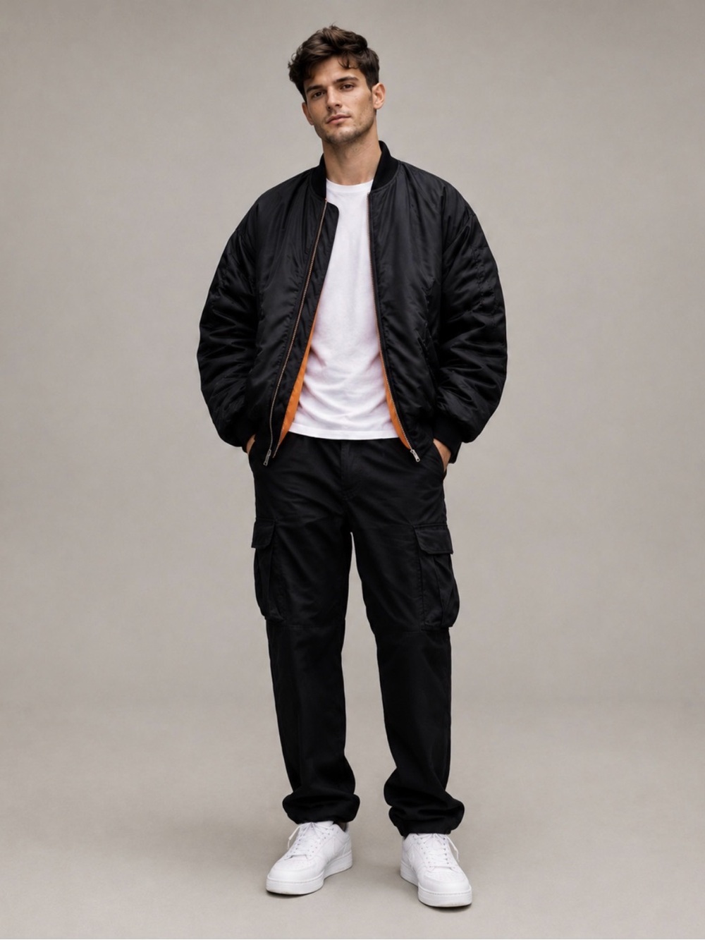 Zara Black Bomber Jacket Large Oversized  Streetwear Minimal Men Orange lining